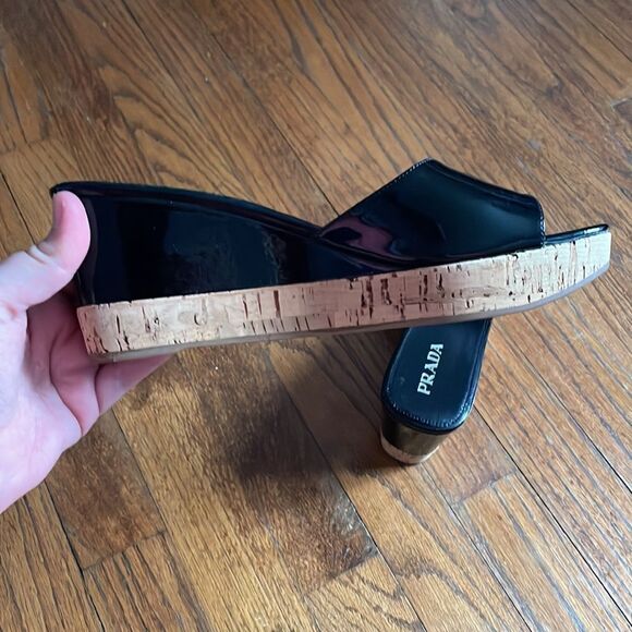 Prada Black Patent Leather and Cork Wedges - Picture 7 of 7